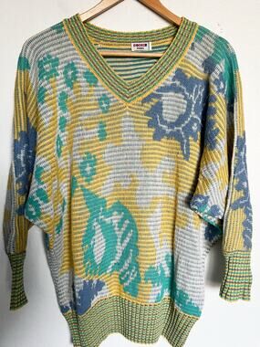 Vtg Rodier Paris Knit Sweater Med V Neck Floral 90's Yellow Blue Retro Batwing